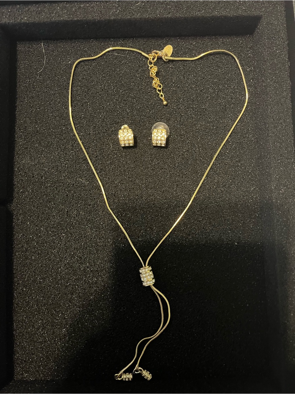 Lia Sophia Gold-Tone Crystal Pendant Lariat Necklace with Matching Stud Earrings
